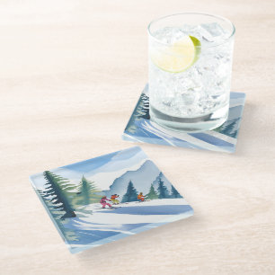 Dessous-de-verre En Verre Allons Skiing   Peinture Aquarelle d'Hiver