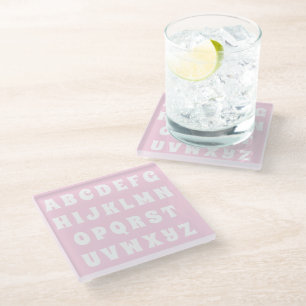 Dessous-de-verre En Verre Alphabet Lettres Abc motif rose enfants blancs
