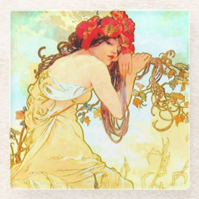 Dessous-de-verre En Verre Alphonse Mucha Art Nouveau Été (Devant)