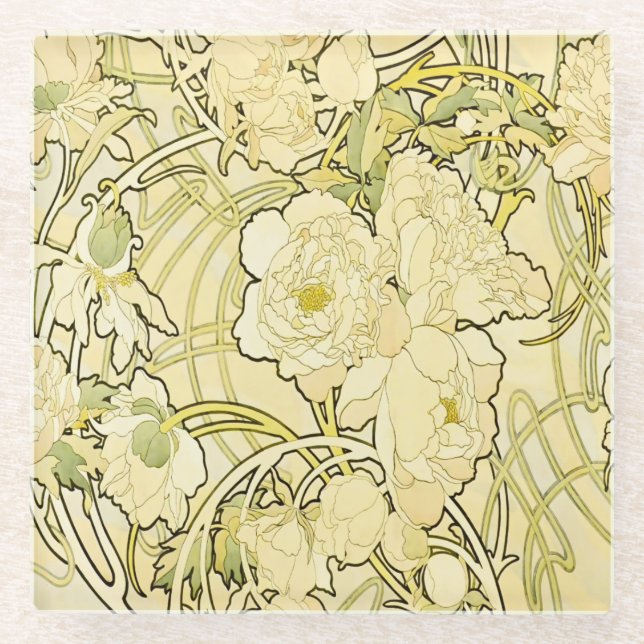 Dessous-de-verre En Verre Alphonse Mucha Pivoines Motif Floral Art Nouveau (Devant)