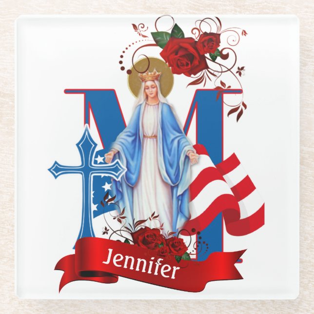 DESSOUS-DE-VERRE EN VERRE AMÉRICAIN FLAG VIRGIN MARY ROSES RELIGIEUX (Devant)
