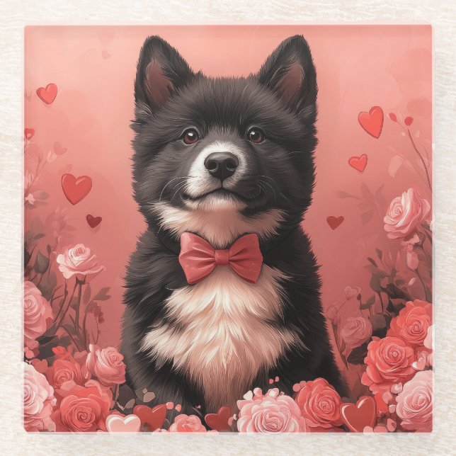 Dessous-de-verre En Verre American Akita avec Rose - Saint Valentin (Devant)