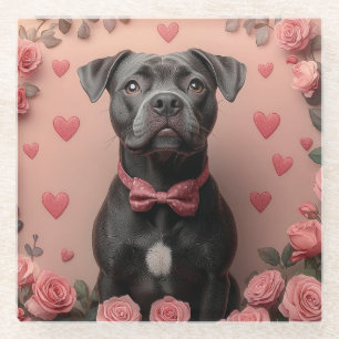 Dessous-de-verre En Verre American Staffordshire avec Roses - Saint-Valentin