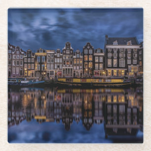 Dessous-de-verre En Verre Amsterdam avec les canaux à Dusk