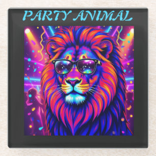 Dessous-de-verre En Verre Animal de fête au néon lion – Graphisme rétro colo