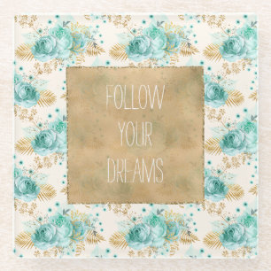 Dessous-de-verre En Verre Aqua Cream Gold Floral        