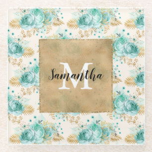 Dessous-de-verre En Verre Aqua Cream Gold Floral Noir Monogramme