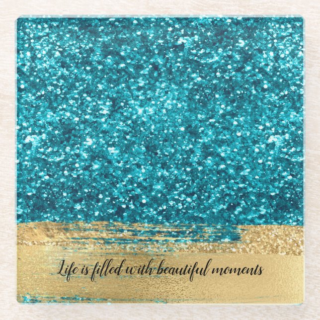 Dessous-de-verre En Verre Aqua Gold Glitzy Parties scintillant (Devant)