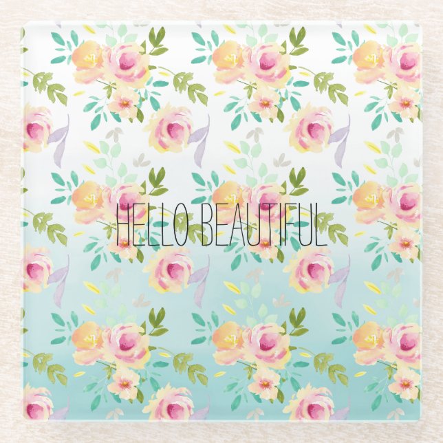 Dessous-de-verre En Verre Aqua Ombre rose jaune floral (Devant)