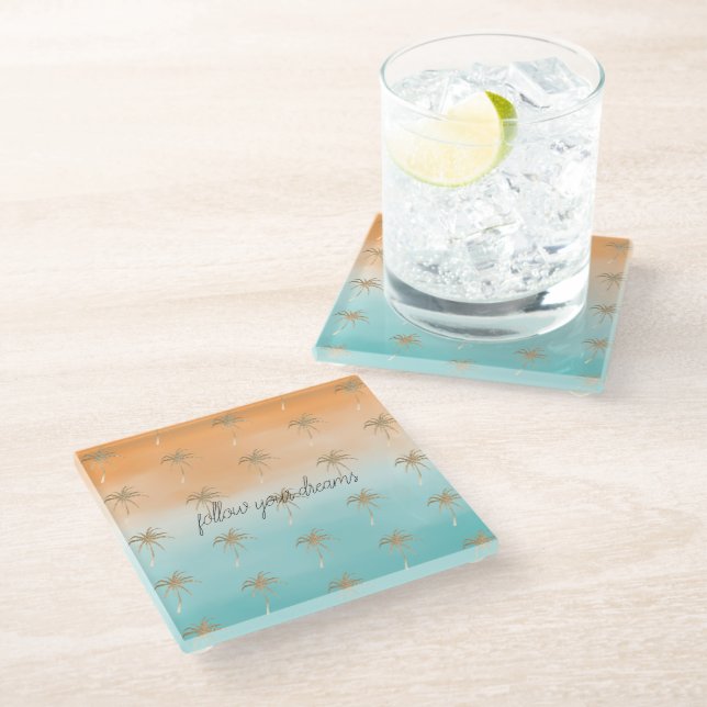 Dessous-de-verre En Verre Aqua Peach Gold Tropical Palm Trees Ombre (Incliné)