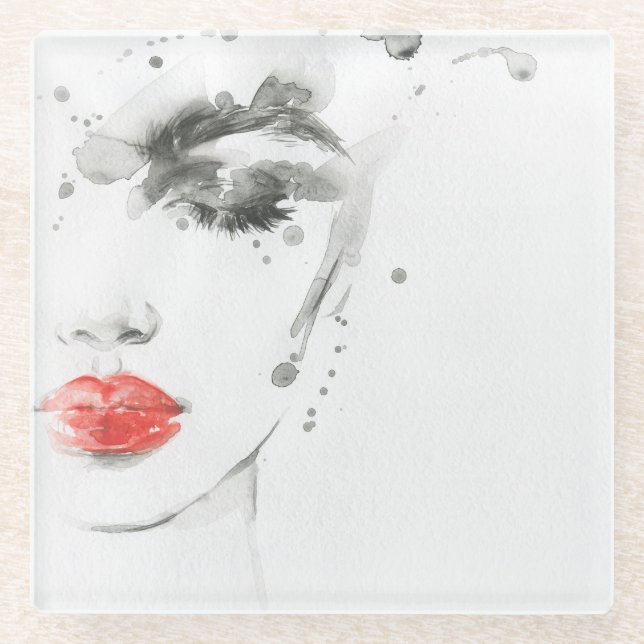 Dessous-de-verre En Verre Aquarelle Beauté : Illustration de portrait fémini (Devant)