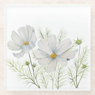 Dessous-de-verre En Verre Aquarelle Blanc Cosmos Fleurs Peinture Botanique