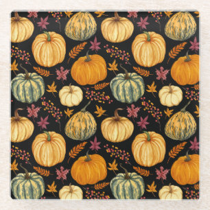 Dessous-de-verre En Verre Aquarelle Citrouilles : Automne Motif sans couture