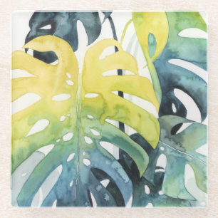 Dessous-de-verre En Verre Aquarelle Coucher de soleil Palm Tree Feuilles