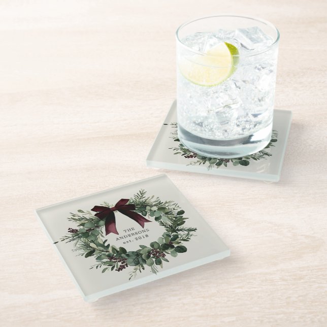 Dessous-de-verre En Verre Aquarelle couronne de Noël Nom personnalisé (Incliné)