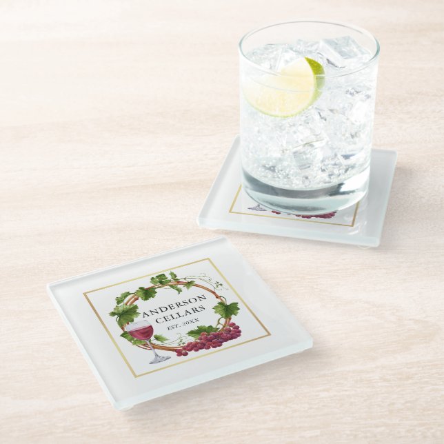 Dessous-de-verre En Verre Aquarelle de raisin Vins Wreath Cave Or (Incliné)