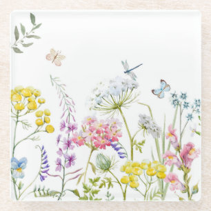 Dessous-de-verre En Verre Aquarelle Fleur sauvage prairie florale d'été