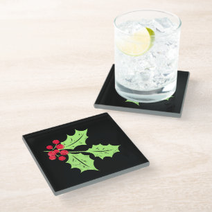 Dessous-de-verre En Verre Aquarelle Holly Feuilles et baies