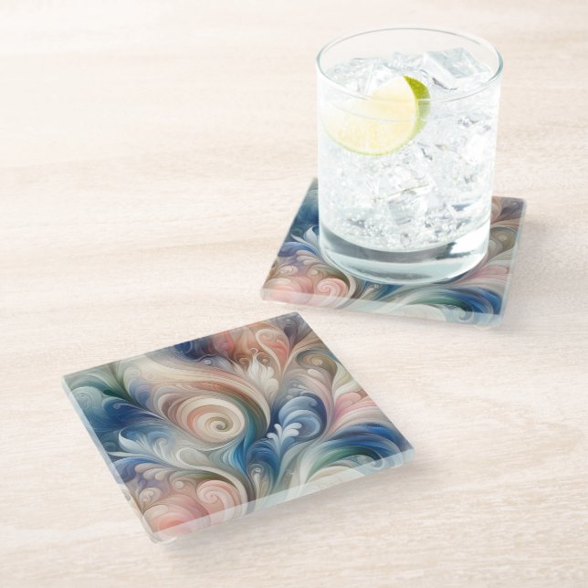Dessous-de-verre En Verre Aquarelle Imaginaire Floral Pastel Bleu & Crème (Incliné)