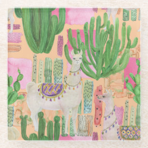 Dessous-de-verre En Verre Aquarelle lamas, cactus : motif sans couture.