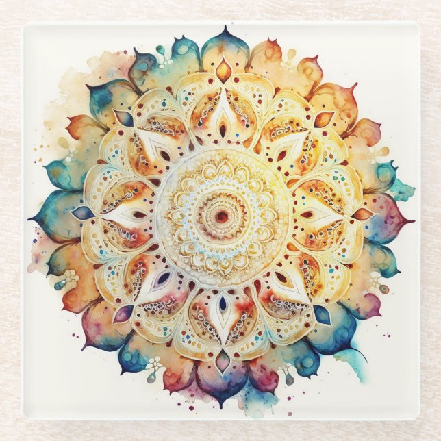 Dessous-de-verre En Verre Aquarelle Mandala (Devant)