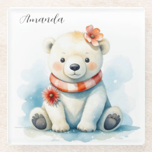 Dessous-de-verre En Verre Aquarelle mignonne assise Ours Polaire Floral