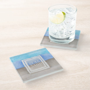 Dessous-de-verre En Verre Aquarelle Monogramme mer et sable bleu et bronze