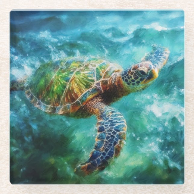Dessous-de-verre En Verre Aquarelle Natation Tortue de mer (Devant)