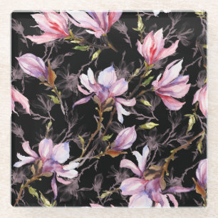 Dessous-de-verre En Verre Aquarelle noire Arrière - plan rose Magnolia