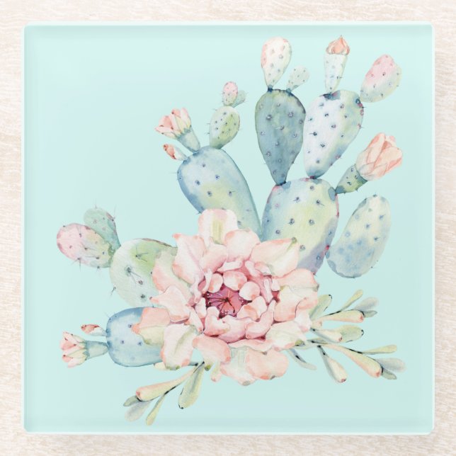 Dessous-de-verre En Verre Aquarelle Pastel Cactus et Fleur rose (Devant)
