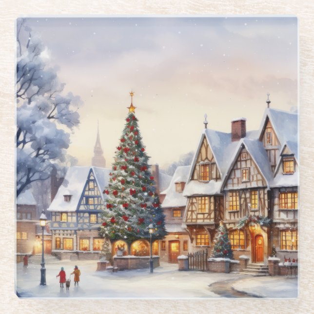 Dessous-de-verre En Verre Aquarelle Paysage hivernal Village de Noël (Devant)