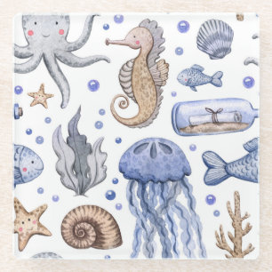 Dessous-de-verre En Verre Aquarelle Peinte à la main Motif de mer.