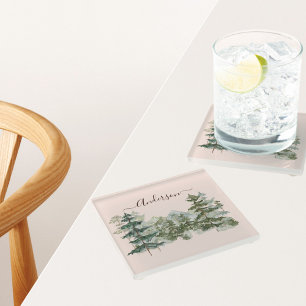 Dessous-de-verre En Verre Aquarelle Pine Forêt et montagne Rustique
