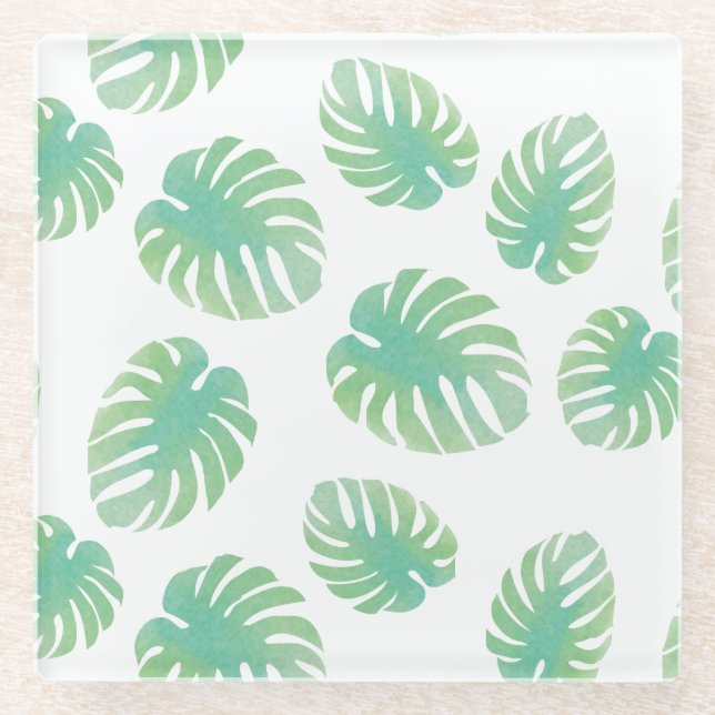Dessous-de-verre En Verre Aquarelle Tropicale Vert Feuille de Monstère (Devant)