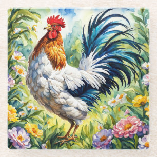 Dessous-de-verre En Verre Aquarelle Vintage colorée Rooster Floral