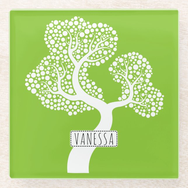 Dessous-de-verre En Verre Arbre abstrait blanc et nom, vert citron (Devant)