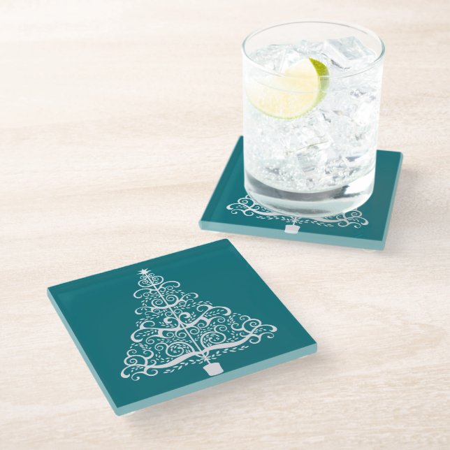 Dessous-de-verre En Verre Arbre de Noël blanc Turquoise (Incliné)