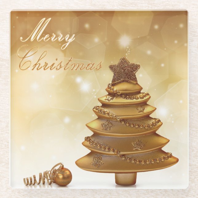 Dessous-de-verre En Verre Arbre de Noël élégant d'or (Devant)