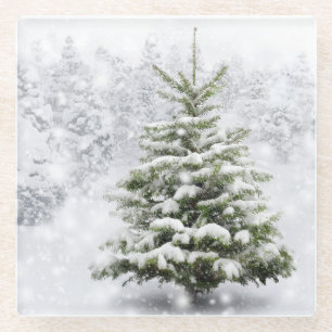 Dessous-de-verre En Verre Arbre de sapin dans la neige épaisse
