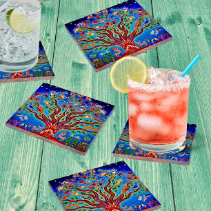 Dessous-de-verre En Verre Arbre De Vie Avec Oiseaux Et Fleurs Dans Le Ciel N