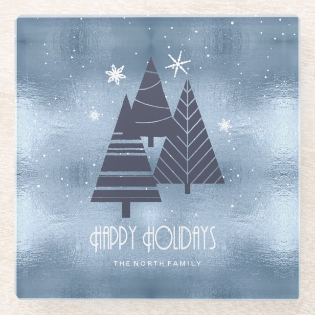 Dessous-de-verre En Verre Arbres de Noël et flocons de neige Blue ID863 (Devant)
