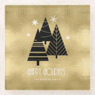 Dessous-de-verre En Verre Arbres de Noël et flocons de neige Gold ID863