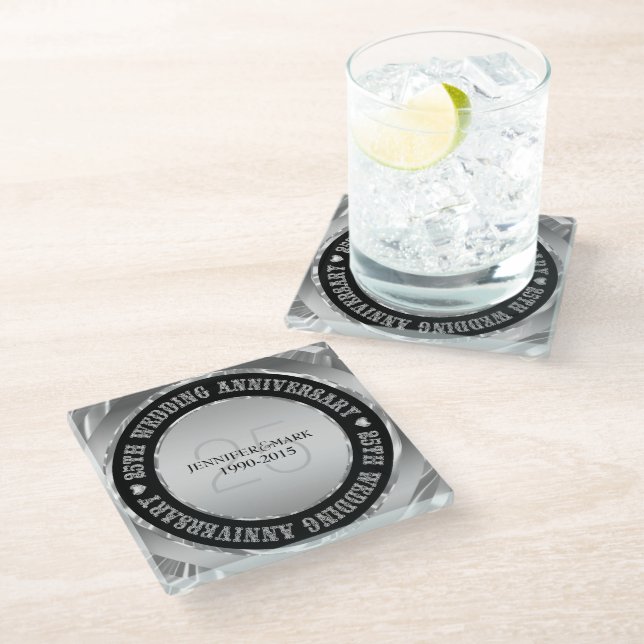 Dessous-de-verre En Verre Argent Noir Et Métallique. 25e anniversaire 2 (Incliné)