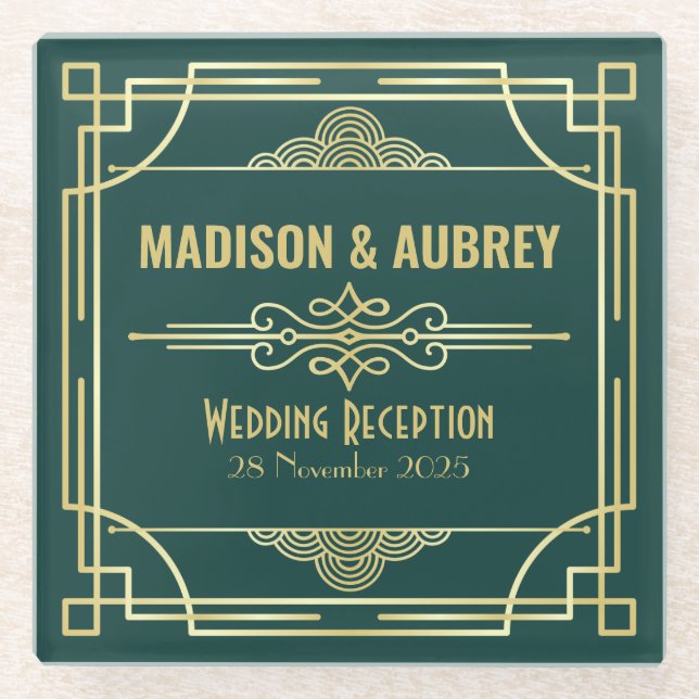 Dessous-de-verre En Verre Art Déco Mariage Réception Bar Gold Green (Devant)
