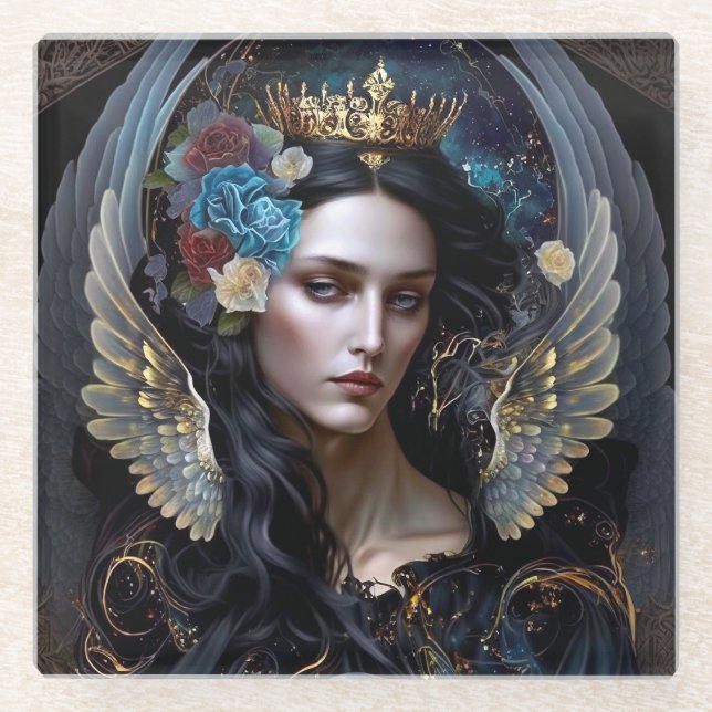 Dessous-de-verre En Verre Art Imaginaire de la Reine-Ange foncé (Devant)