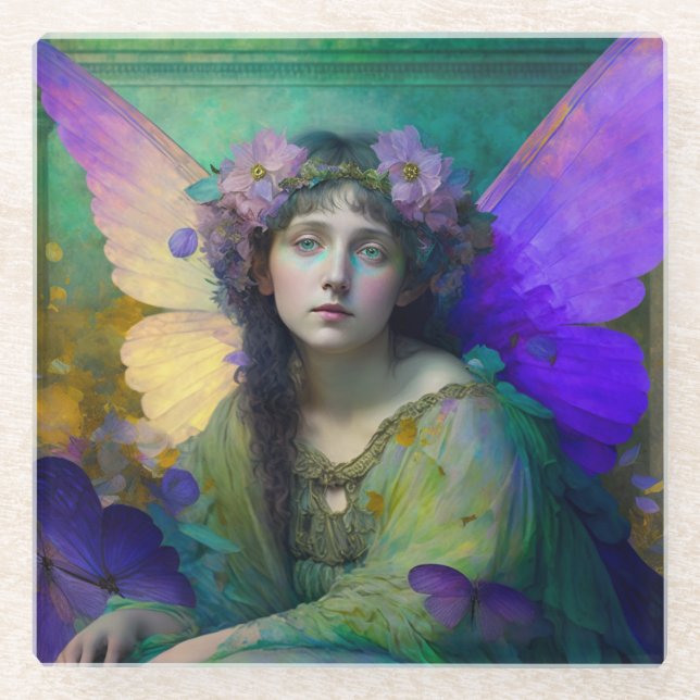 Dessous-de-verre En Verre Art Imaginaire Fée Vert Violet (Devant)