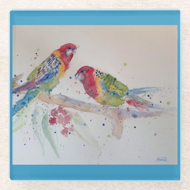 Dessous-de-verre En Verre Art perroquet peinture aquarelle Aqua Turquoise (Devant)