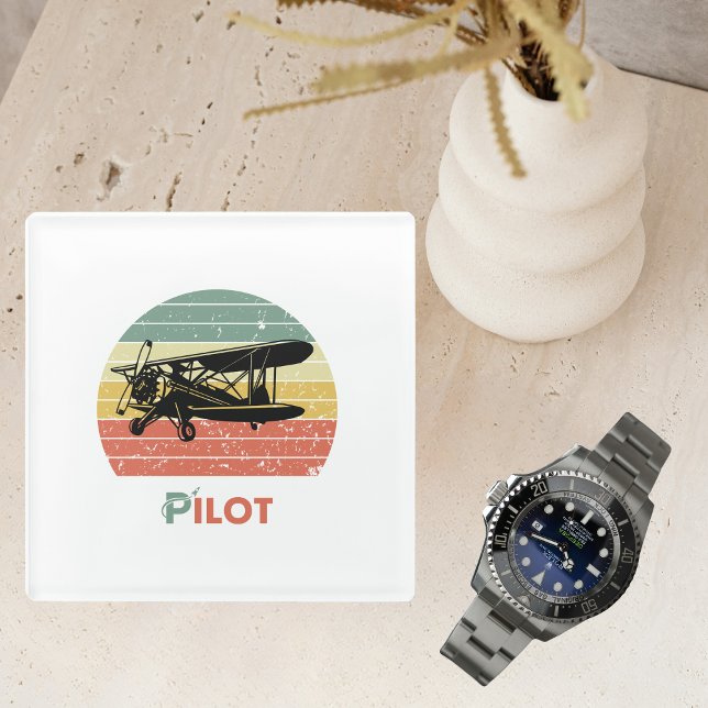 Dessous-de-verre En Verre Avion Pilote Rétro Sunset Fun Aviation Biplan (Créateur téléchargé)