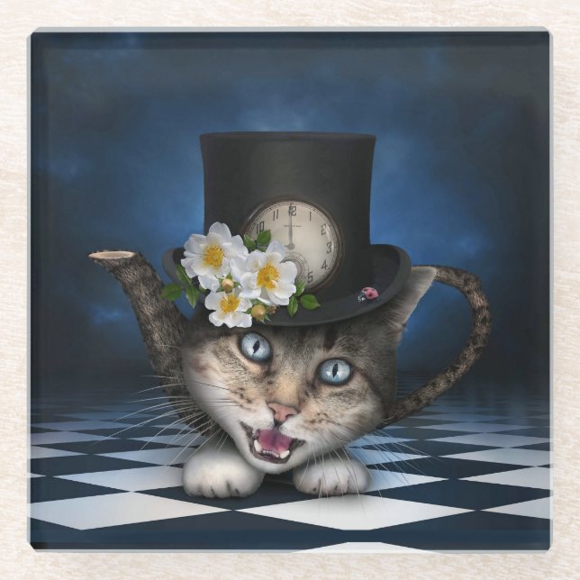 Dessous-de-verre En Verre Awesome Mad Hatter Teapot Chat Conception Whimsica (Devant)