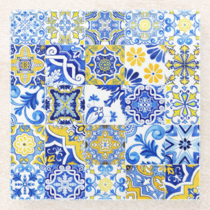 Dessous-de-verre En Verre Azulejo bleu et jaune Mosaïque de Majolica portuga